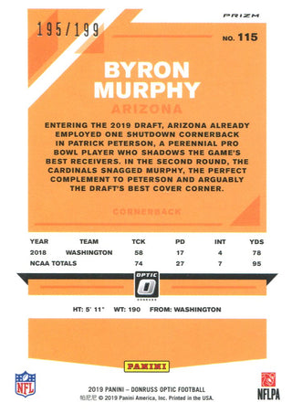 Byron Murphy 2019 Donruss Optic Orange Prizm Rookie Card 195/199