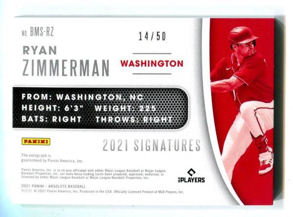 Ryan Zimmerman 2021 Panini Absolute Baseball #BMSRZ Autographed Card /50
