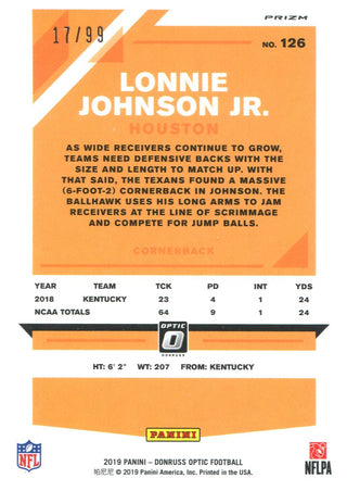 Lonnie Johnson Jr. 2019 Donruss Optic Red Prizm Rookie Card 17/99