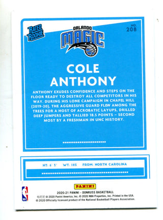 Cole Anthony 2020-21 Panini Donruss Rated Rookie #208 RC