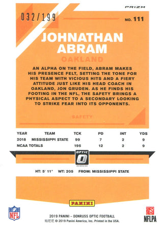 Johnathan Abram 2019 Donruss Optic Orange Prizm Rookie Card 32/199