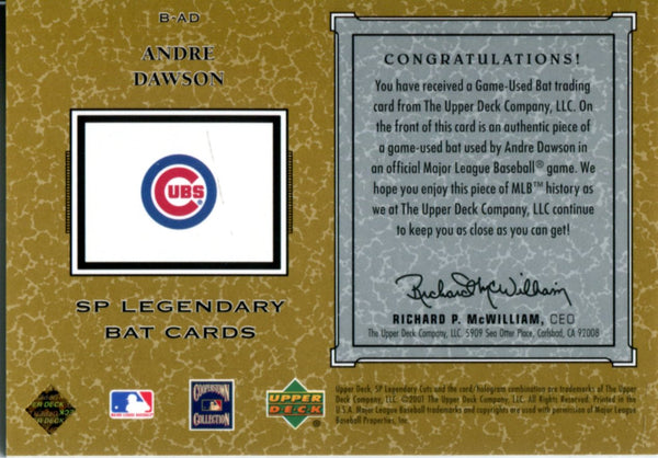 Andre Dawson 2001 Upper Deck Game Used Bat Card