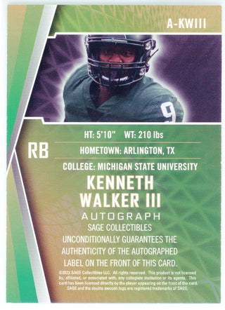 Kenneth Walker III Autographed 2022 Sage Rookie Card #A-KWIII