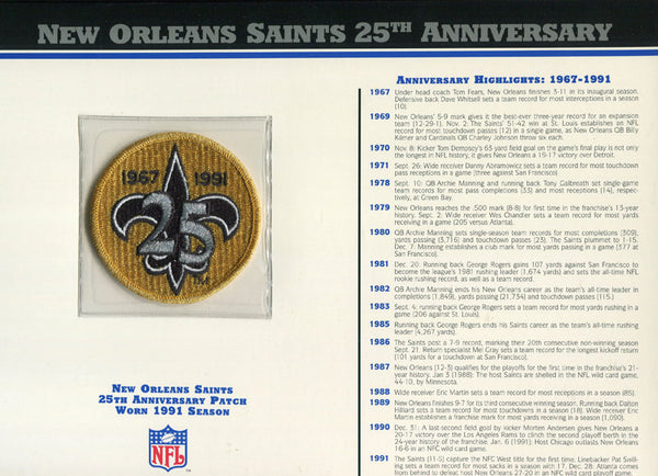 New Orleans Saints Unsigned 25th Anniversary Patch with Card