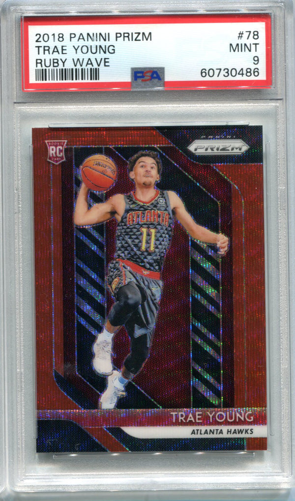 Trae Young 2018 Panini Ruby Wave Prizm #78 PSA Mint 9 RC