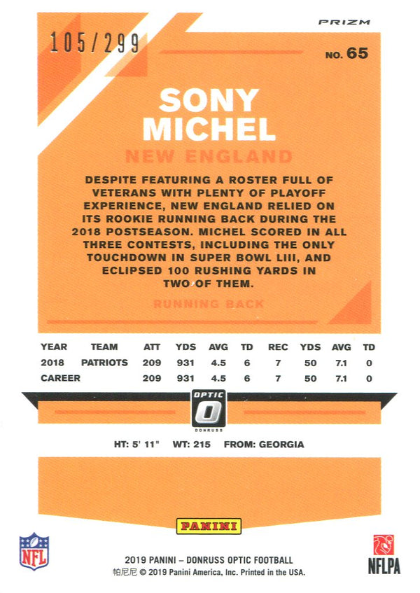Sony Michel 2019 Donruss Optic Aqua Prizm Card 105/299