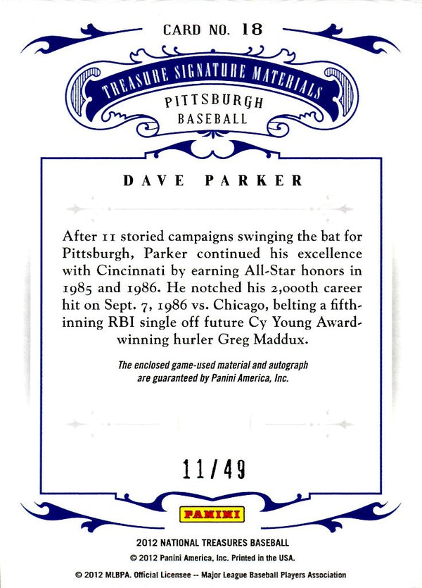 Dave Parker 2012 National Treasures Panini Autographed Card #11/49