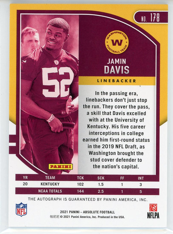 Jamin Davis Autographed 2021 Panini Absolute Rookie Card