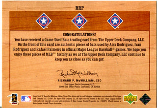Alex Rodriguez, Ivan Rodriguez, and Rafael Palmeiro 2001 Upper Deck Game Used Bat Card