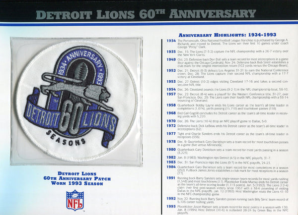 Detroit Lions Unsigned 60th Anniversary Patch with Card