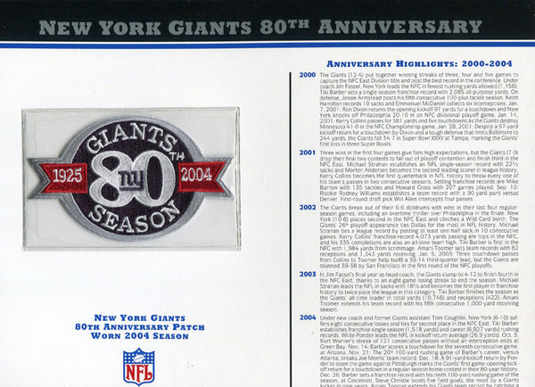 New York Giants Unsigned 80th Anniversary Patch with Card