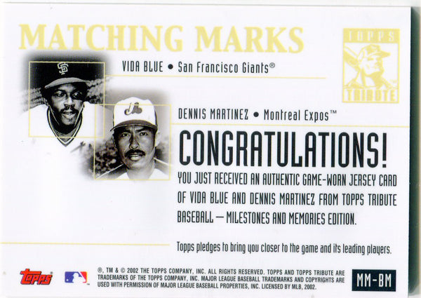 Dennis Martinez and Vida Blue 2002 Topps Tribute Game Worn Jersey Card