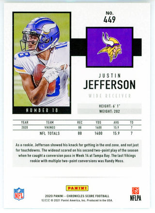 Justin Jefferson 2020 Panini Chronicles Score Chrome Rookie Card #449