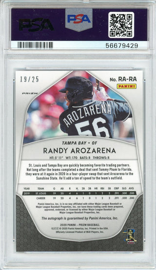 Randy Arozarena Autographed 2020 Panini Prizm Burgundy Cracked Ice Rookie Card #RARA (PSA 10/9)