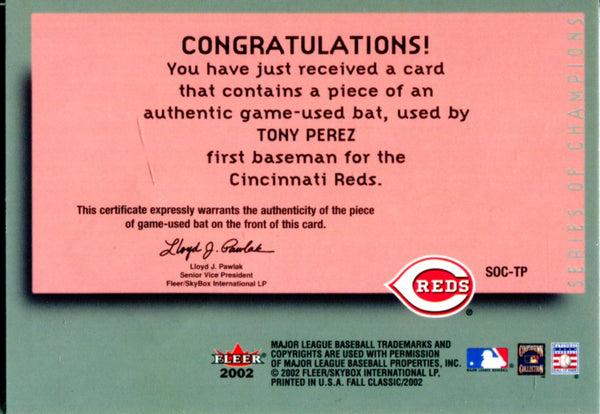 Tony Perez 2002 Fleer Game Used Bat Card