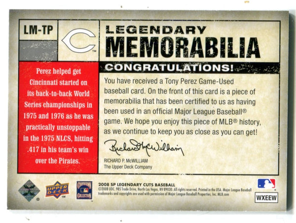 Tony Perez 2008 Upper Deck Sp Legendary Memorabilia Jersey Card /99