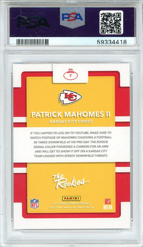 Patrick Mahomes II 2017 Panini Donruss The Rookies Card #7 (PSA Mint 9)
