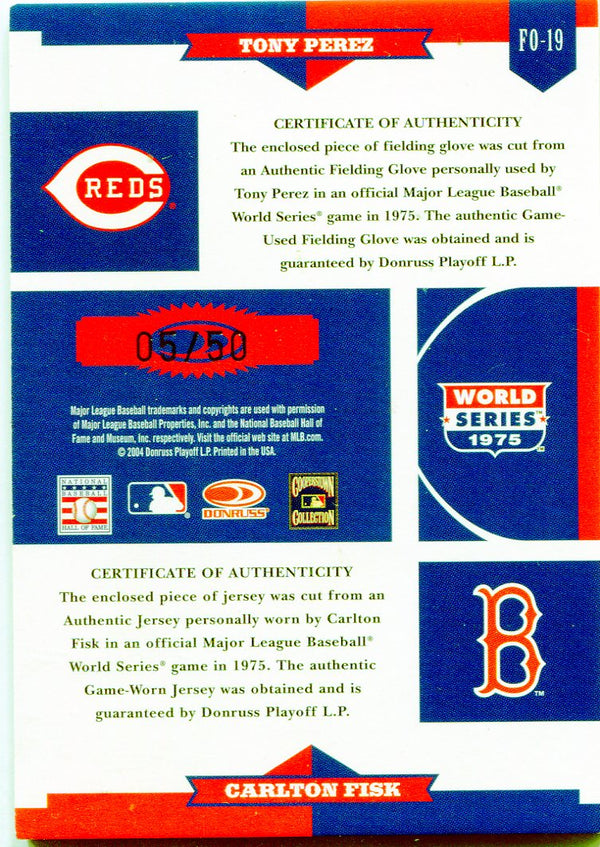Tony Perez and Carlton Fisk 2004 Donruss Playoff Game Used Relic Card /50