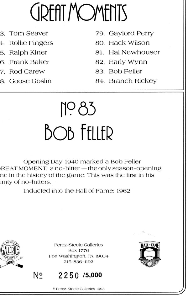 Bob Feller Autographed Perez Steele Great Moments Card  #2250/5000