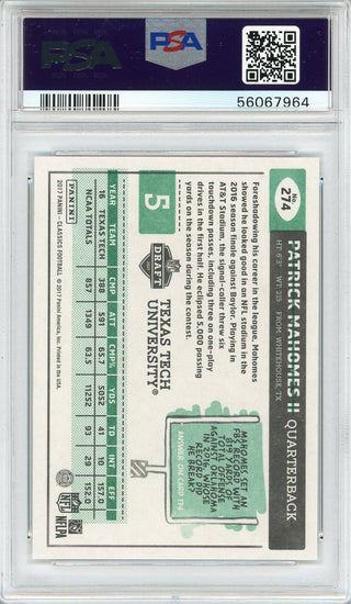 Patrick Mahomes 2017 Panini Classics Rookie Card #274 (PSA)