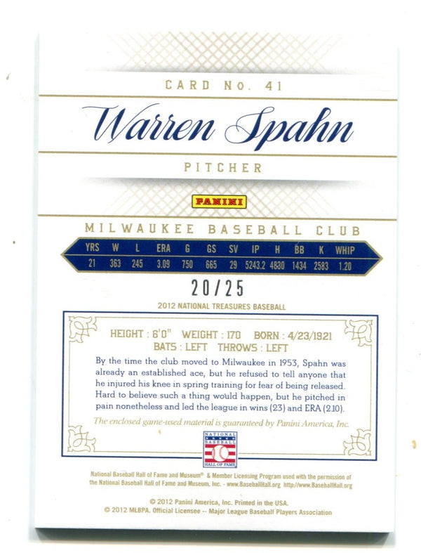 Warren Spahn 2021 Panini National Treasures Jersey Card #41 /25