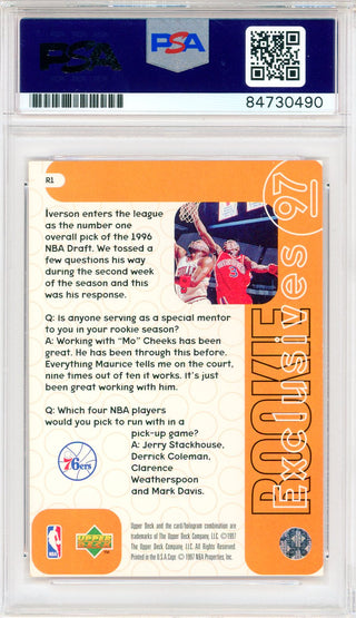 Allen Iverson Autographed 1997 Upper Deck Rookie Exclusives Card #R1 (PSA Auto Gem Mt 10)