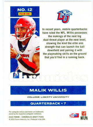 Malik Willis 2022 Panini Chronicles Draft Picks Rookie Card #12