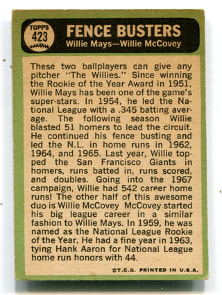 Willie Mays/Willie McCovey 1967 Topps Fence Busters #423 Card