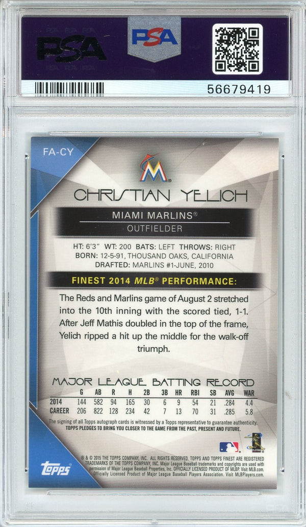 Christian Yelich Autographed 2015 Topps Finest Blue Refractor Card #FA-CY (PSA 9/10)