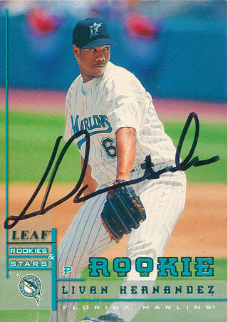 Livan Hernandez Autographed 1998 Donruss Leaf Rookies and Stars Card