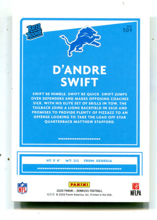 D`Andre Swift 2020 Panini Donruss Rated Rookie Yellow Press Proof #309 Rookie Card
