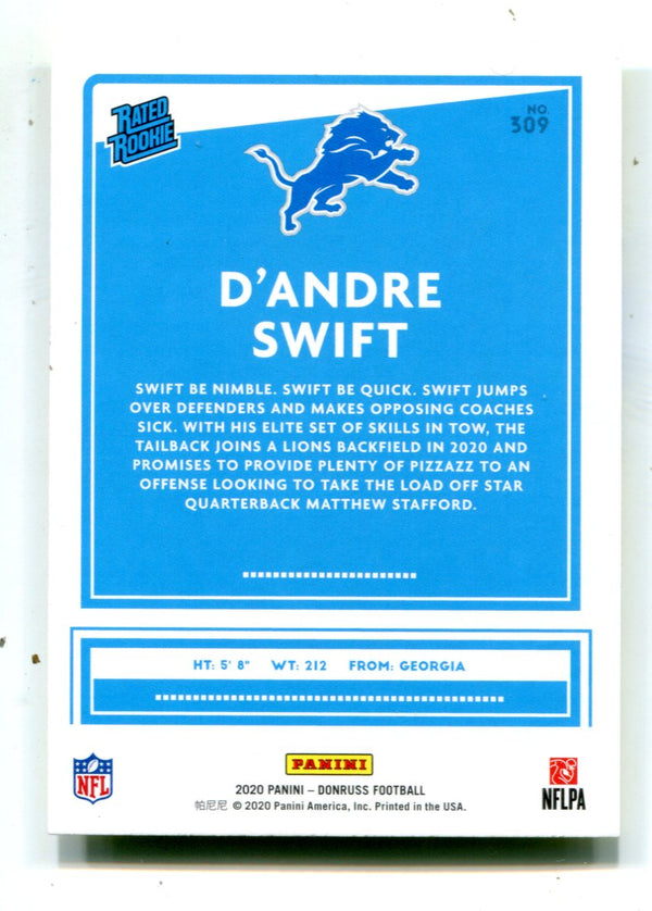 D`Andre Swift 2020 Panini Donruss Rated Rookie Yellow Press Proof #309 Rookie Card