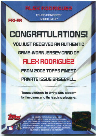 Alex Rodriguez 2002 Topps Finest Game Used Relic Card