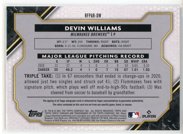 Devin Williams Autographed 2021 Topps Triple Threads Rookie Jersey Card #RFPAR-DW