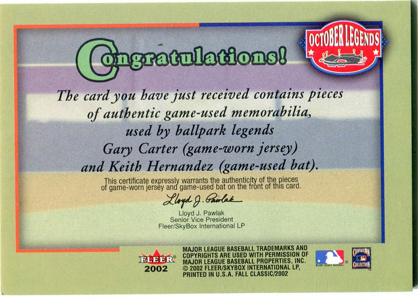 Keith Hernandez & Gary Carter 2002 Fleer Dual Game-Worn Jersey and Bat Card