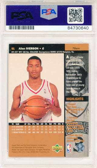 Allen Iverson Autographed 1996 Upper Deck Card #91 (PSA Auto)