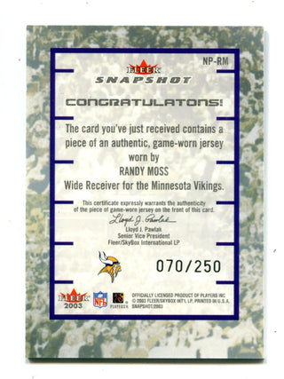 Randy Moss 2004 Fleer Snapshot Projections Jersey Card #NPRM /250