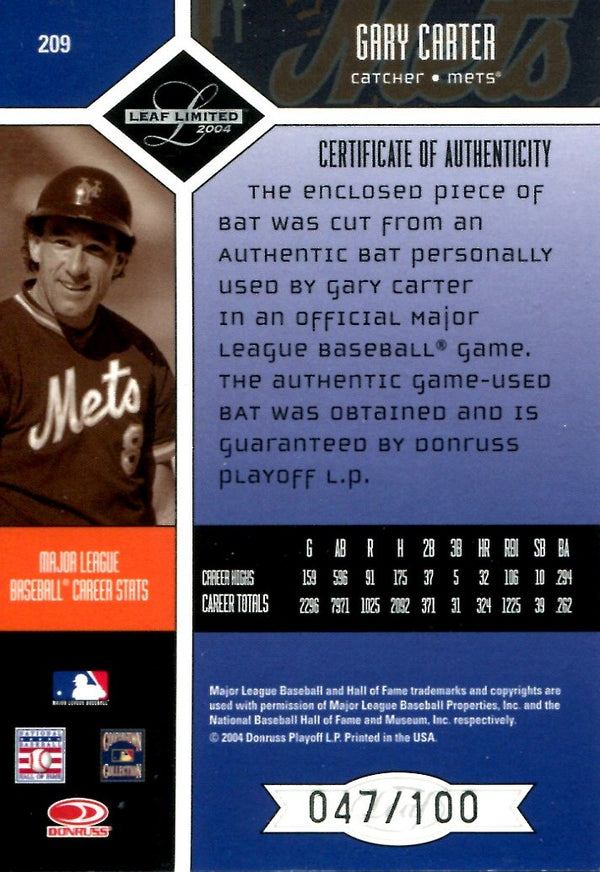 Gary Carter 2004 Donruss Leaf Limited Game-Used Bat/Autographed Card #47/100