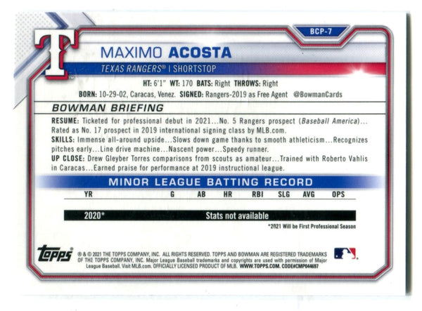 Maximo Acosta 2021 Topps Bowman Chrome 1st Bowman #BCP7 Card