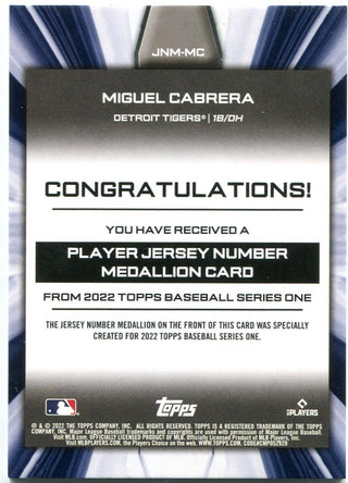 Miguel Cabrera Topps Commemorative Jersey Number Medallion