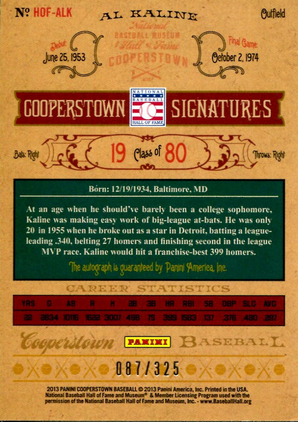 Al Kaline 2013 Panini Cooperstown Signatures Autographed Card #87/325