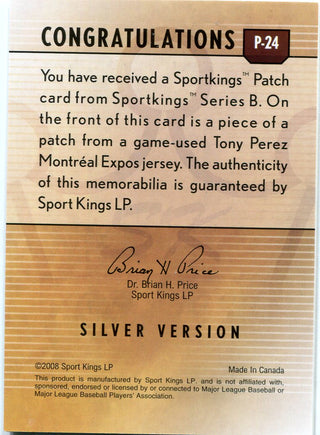 Tony Perez 2008 Sportkings Game Used Jersey Card