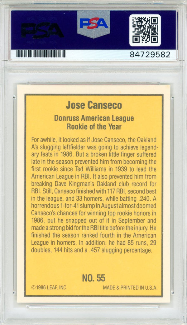 Jose Canseco "86 AL ROY" Autographed 1986 Donruss Rookie Card #55 (PSA Auto Gem Mt 10)