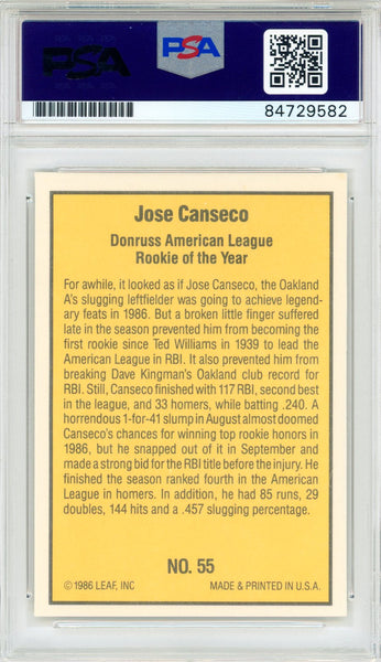 Jose Canseco 86 AL ROY Autographed 1986 Donruss Rookie Card #55 (PSA Auto  Gem Mt 10)