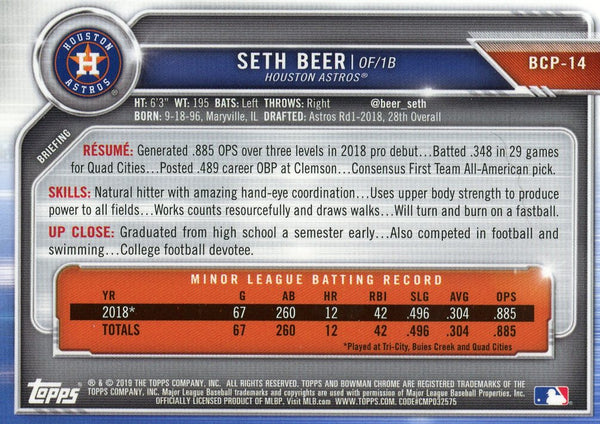 Seth Beer 2019 Bowman Chrome Card
