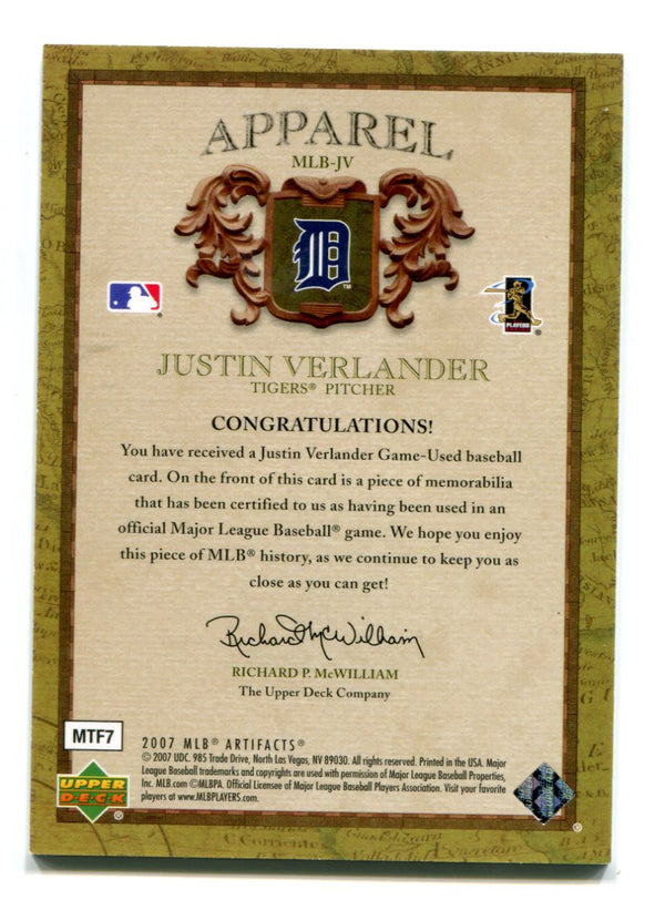 Justin Verlander 2007 Upper Deck Artifacts Apparel Jersey Card #MLBJV