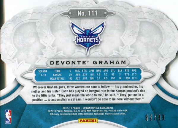 Devonte' Graham 2018-19 Crown Royale Cracked Ice Rookie Card 82/99