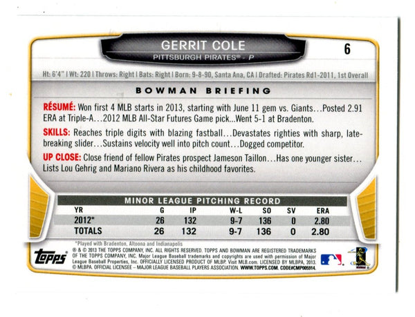 Gerrit Cole 2013 Topps Bowman #6 Card