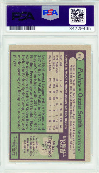 Ozzie Smith Autographed 1979 Topps Card #116 (PSA Auto Gem Mt 10)