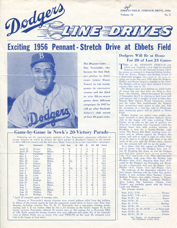 Brooklyn Dodgers Lines Drives Program 1956 Volume 15 No. 5 Newcombe